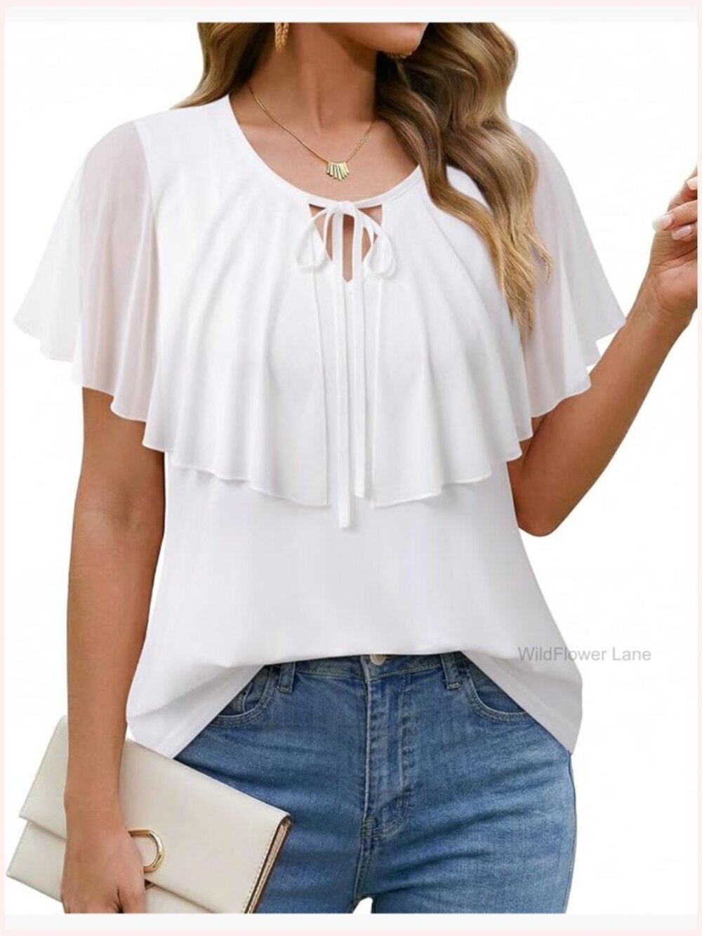 Dressy Casual A-Line Double Layered Mesh Cape Flutter Sleeve Blouse